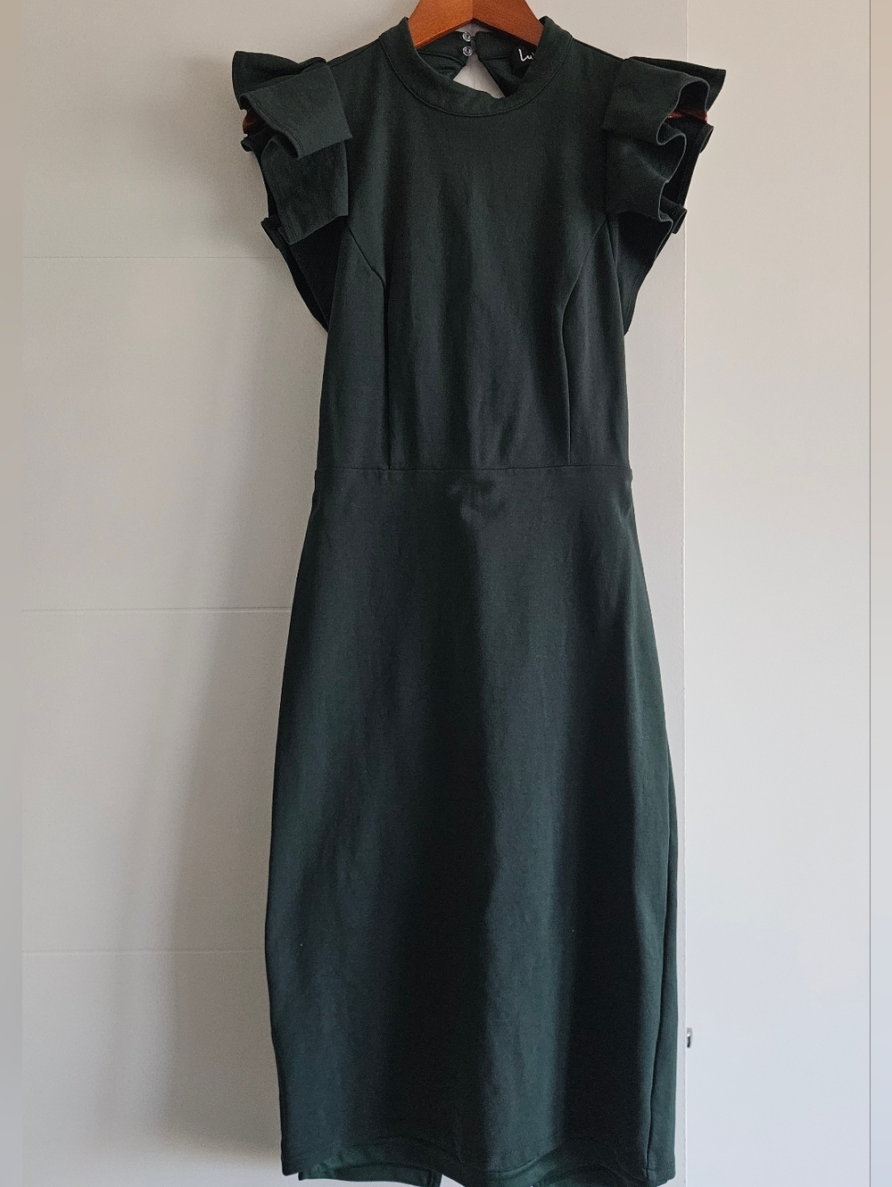 Lulus M Open Back Sheath Dress Ruffle Cap Sleeve High Neck Statement